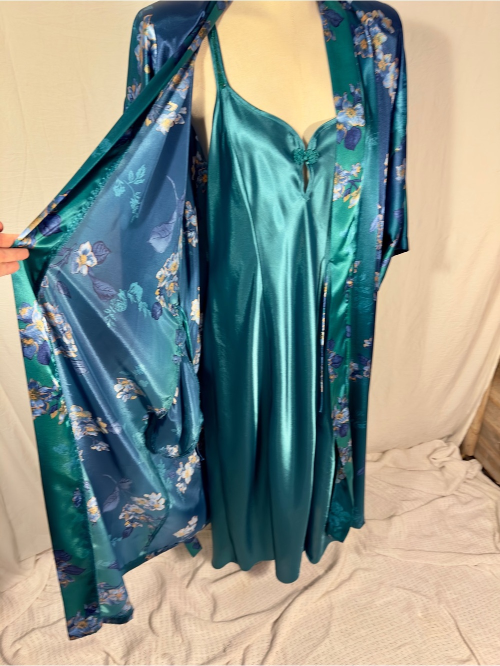 Vintage Inner Most Peignoir Set Robe Nightgown Floral Teal Emerald Large